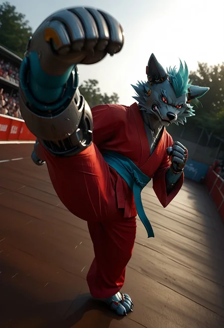 (((Barefoot furry character, full body, cinematic setting, furry male, plantigrade)))
(((Gilliam))), wolf boy, ((red kimono and pants, training kung-fu on outdoors training ground, fighting stance, dynamic pose, perform side kick)), three toes, claws, pawpad, determined look
BREAK
(((gilliam wolf, evil eye, sharp, red fluff tail, cyan hair, robot, cybernetic wolf, metallic))), (((kicking, kicking at viewer, stands on one feet))), ((nice robotic feet paws)),
BREAK, intricate details, highly detailed, extreme detail, octane render, fine art, best quality, highres, (detailed face:1.5), ((full_body)), UHD, (((perfect hands))), low light