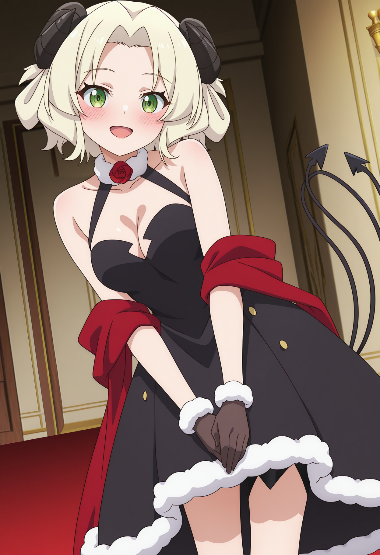highres, best quality, masterpiece, indoors,
1girl, solo, sl300pec, short hair, blonde hair, horns, green eyes, multiple tails, demon tail,
black dress, fur trim, halterneck, rose, bare shoulders, cleavage, sleeveless, gloves, red shawl, thigh strap,
anime screencap,
looking at viewer, blush, smile, open mouth,
standing, own hands together, leaning to the side, 
<lora:_pecora_slime300-elesico-ilxl-000014:1>