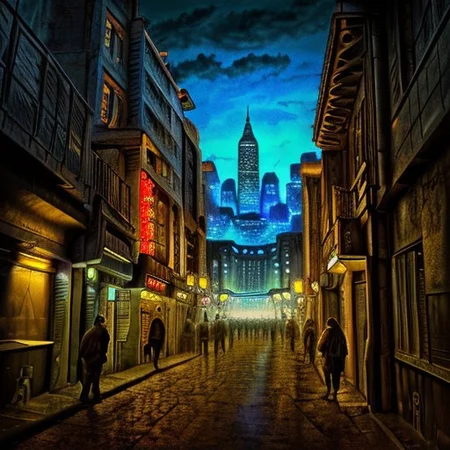 RAW photo, (masterpiece:1.3), subsurface scattering, heavy shadow, (high quality:1.4), (intricate, high detail:1.2), professional photography, HDR, High Dynamic Range, realistic, ultra realistic, photorealistic, high resolution, ambient lighting, atmospheric effects, OverallDetail, alley, building, city, hood, lamppost, multiple boys, multiple girls, neon lights, night, nightcity, outdoors, people, road, scenery, science fiction, sign, sky, skyscraper, solo, street, sunlight, weapon, epiCPhoto
