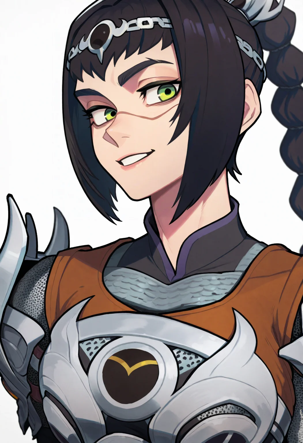 best quality, amazing quality, very aesthetic, absurdres,
BREAK
1girl, solo, shadowheart, black hair, braided ponytail, green eyes, scar on face, circlet, armor,
smile, looking at viewer, upper body, simple background, white background, <lora:ShadowHeartIllustrious_byKonan:0.8>,   <lora:Hata4564Noob_byKonan:1>