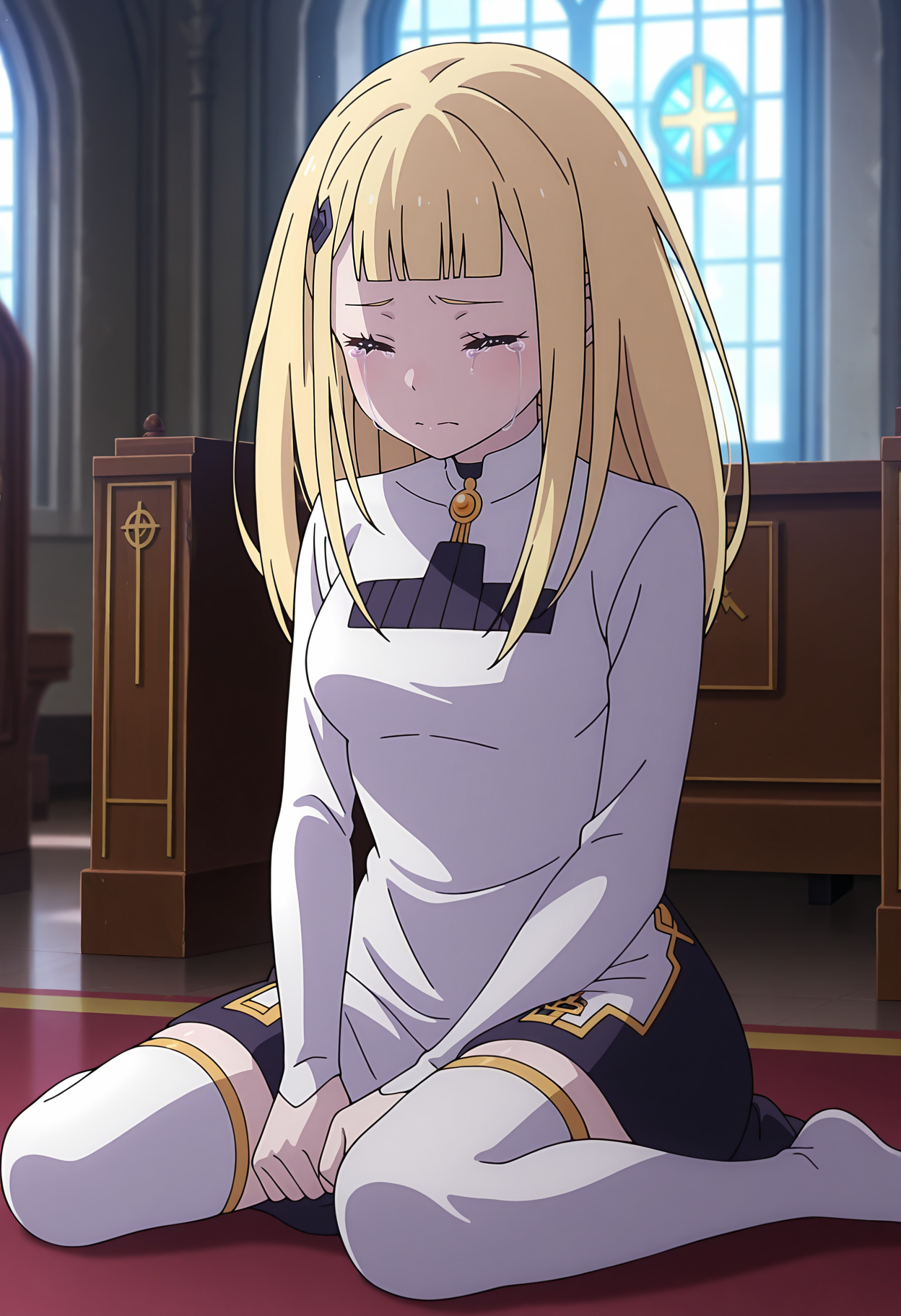 anime screencap, masterpiece, best quality,
<lora:ReZero_Sylphy_IlluXL:0.9>,
1girl, solo, crying, tears, closed eyes, 
blunt bangs, long hair, blonde hair, blue eyes, hairclip,
collared dress, brooch, short dress, multicolored dress, white dress, black dress, long sleeves, white thighhighs,
wariza,
indoors, church, window, photo background, blurry background