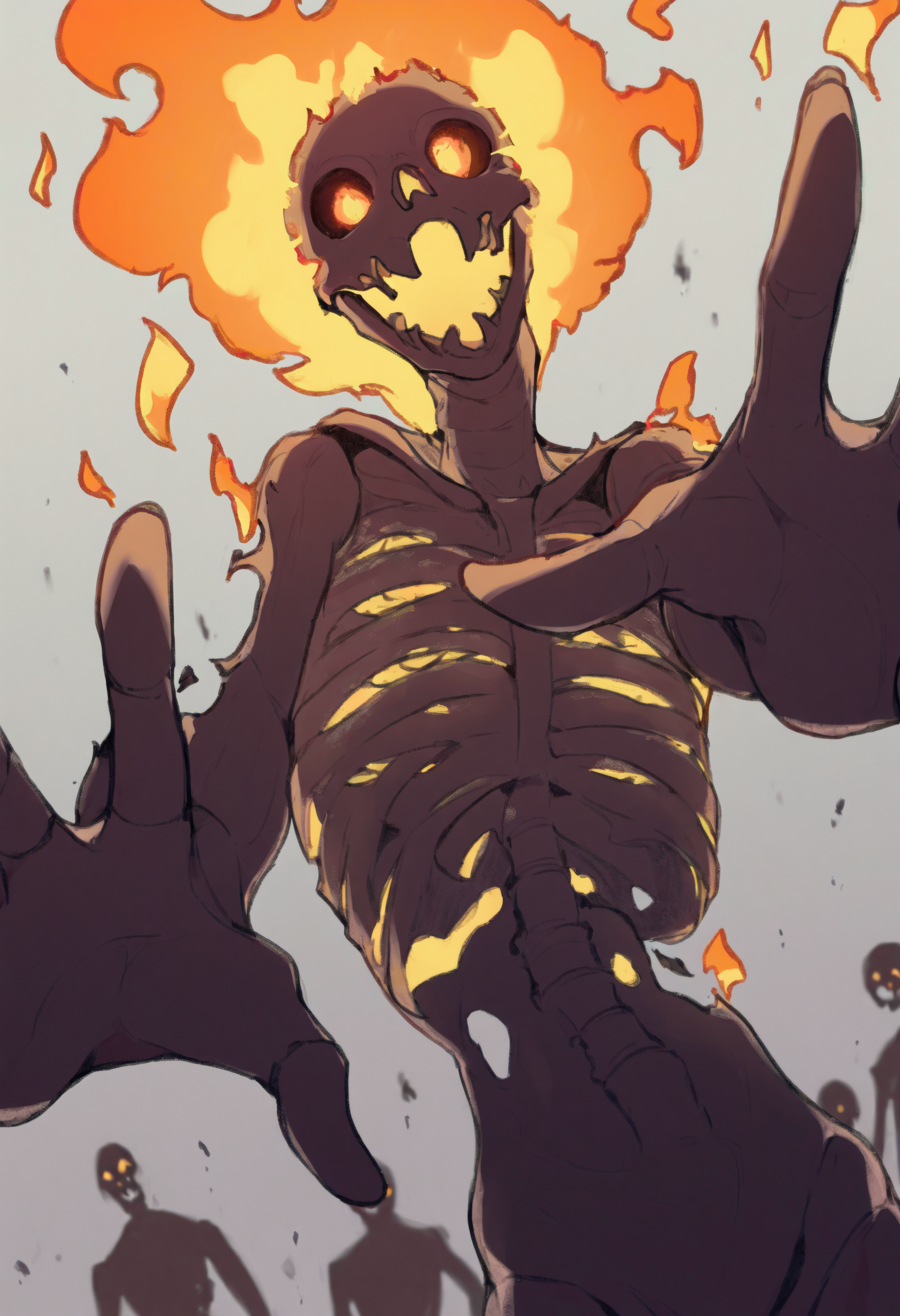 <lora:Infernal_12:1>, solo, 1other, skeleton, flaming eyes, fiery hair,
fire, burning, silhouette, open mouth, looking at viewer, open mouth, reaching towards viewer, very awa, masterpiece, best quality, highres, absurdres