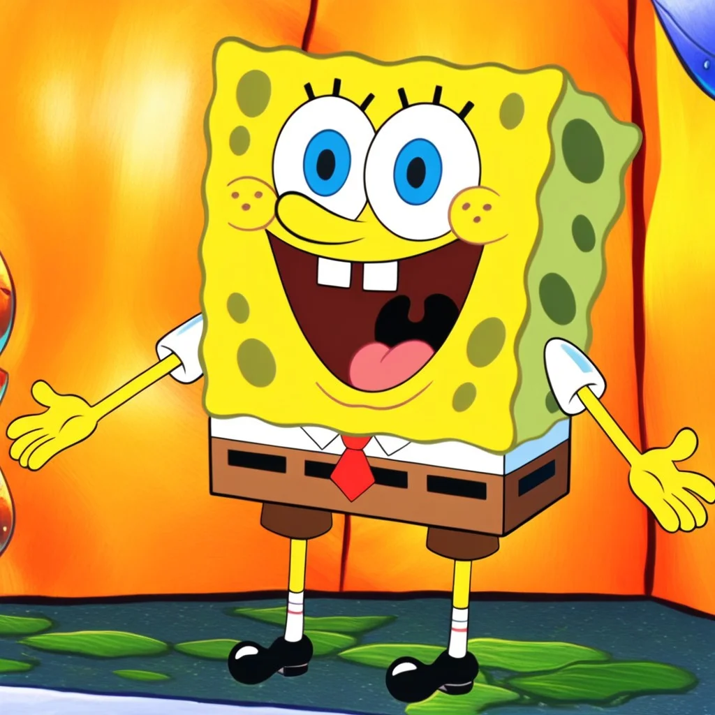 score_9, score_8_up, score_7_up, score_6_up, spongebob, standing, smiling, open mouth, view from right side, blue eyes, brown pants, red tie, white shirt, black shoes, yellow skin