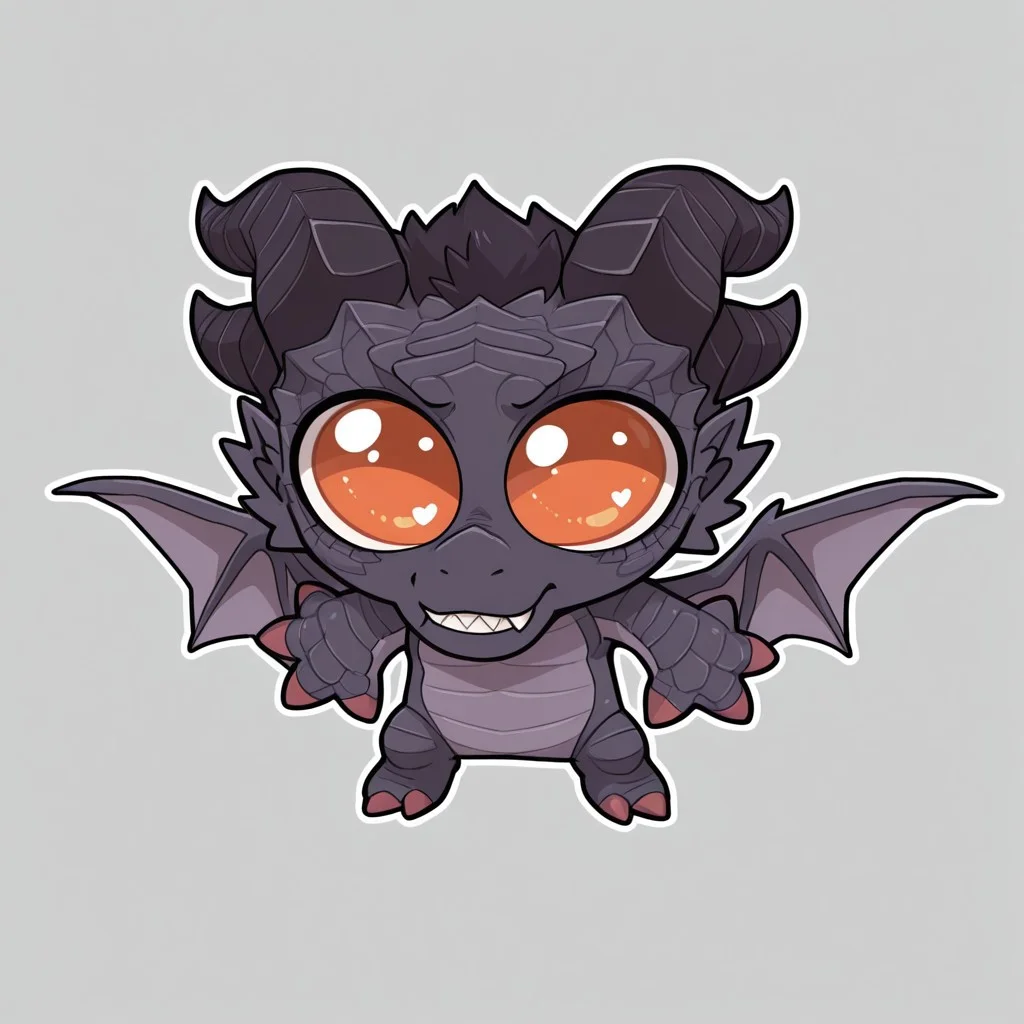 masterpiece, best quality, high resolution, ultra-detailed, detailed face, amazing quality BREAK Ru1n3dDrag, 1boy, solo, wings, Anthro, orange eyes, wings, dark purple scales, horns, claws, monster, sharp teeth, mikus-concept, full body, big eyes, chibi, simple background