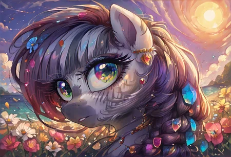 In the style of [DimWitDog 0.50 & PyroPK 0.80 & Alcor Art 0.10], (pony: 1.5), mare, my little pony, solo, (Zebra Zekora: 1.5), sea-green eyes, long hair, braid on the side, flowers in the hair, [blue | white] & hair ribbons, [gold | red], gold hoof bracelets, gold large earrings, with precious stones, [green | red]. Standing, looking at the sky. (upper body: 1,2), (front view: 1,5). Background, outside, field, (forest in the distance: 0.8), river, [left | right], (evening: 1), the sun is half below the horizon, fluffy clouds, [night 1.5 above & sunset 0.8 below], the moon is high above the horizon. Lots of details, detailed hair, detailed genitals, high quality rendering, detailed eyes, beautiful coloring, score_9, score_8_up, score_7_up, score_6_up.