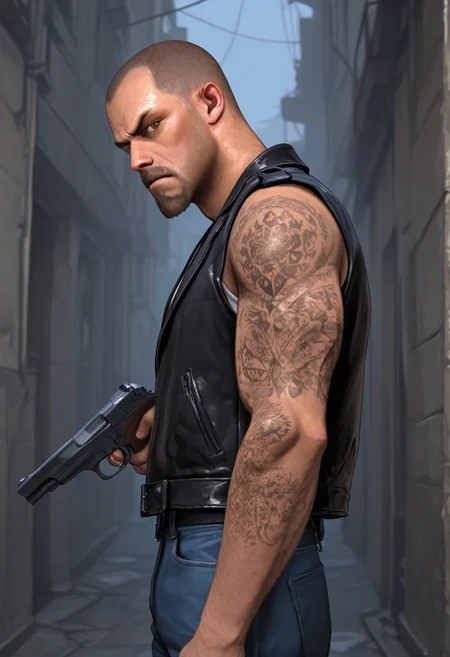 masterpiece, best quality, amazing quality, very aesthetic, absurdres, newest, high quality, detailed, FrancisL4D, 1boy, male, solo male, human, broad shoulders, mature male, brown eyes, athletic build, sleeve tattoos, shaved head, goatee, mustache, facial hair, stubble, scruffy, black leather vest, white tank top, scowl, looking at viewer, half body, holding gun, outdoors, alley, apocalypse, jeans