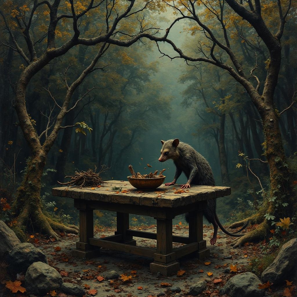 <lora:flux-collagestyle.safetensors:1> darkfantasycollagestyle
In the heart of a decaying forest, a decrepit wooden table stands as a grim relic of a forgotten time. The table, caked with layers of grime and moss, is barely visible through the gnarled, twisted branches that seem to reach out like bony fingers. On the tabletop, a twisted, gaunt figure resembling a possum stands, its fur matted and stained, its eyes hollow and lifeless. The possum's paws grip the edge of a shattered brown porcelain bowl, which is filled with a mixture of decaying leaves and tattered brown feathers. A small piece of rotting wood, gnawed and blackened, lies beside the bowl, adding to the macabre scene.
The air is thick with the stench of decay, and the ground around the table is littered with rotting leaves and twisted, thorny vines that seem to writhe and pulse with a life of their own. Pools of murky, bubbling water dot the forest floor, their surfaces reflecting the distorted, shadowy forms of the surrounding trees. The light, if any, is harsh and unforgiving, casting deep, ominous shadows that dance and stretch, as if trying to escape the oppressive darkness.
In the distance, the faint sound of eerie whispers can be heard, a haunting reminder of the horrors that lurk just beyond the edge of the visible world. The scene is a chilling tableau of profound terror and decay, where the line between the natural and the unnatural blurs, leaving the viewer with a sense of visceral dread that lingers long after the image has faded from view.