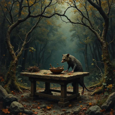 <lora:flux-collagestyle.safetensors:1> darkfantasycollagestyle
In the heart of a decaying forest, a decrepit wooden table stands as a grim relic of a forgotten time. The table, caked with layers of grime and moss, is barely visible through the gnarled, twisted branches that seem to reach out like bony fingers. On the tabletop, a twisted, gaunt figure resembling a possum stands, its fur matted and stained, its eyes hollow and lifeless. The possum's paws grip the edge of a shattered brown porcelain bowl, which is filled with a mixture of decaying leaves and tattered brown feathers. A small piece of rotting wood, gnawed and blackened, lies beside the bowl, adding to the macabre scene.
The air is thick with the stench of decay, and the ground around the table is littered with rotting leaves and twisted, thorny vines that seem to writhe and pulse with a life of their own. Pools of murky, bubbling water dot the forest floor, their surfaces reflecting the distorted, shadowy forms of the surrounding trees. The light, if any, is harsh and unforgiving, casting deep, ominous shadows that dance and stretch, as if trying to escape the oppressive darkness.
In the distance, the faint sound of eerie whispers can be heard, a haunting reminder of the horrors that lurk just beyond the edge of the visible world. The scene is a chilling tableau of profound terror and decay, where the line between the natural and the unnatural blurs, leaving the viewer with a sense of visceral dread that lingers long after the image has faded from view.