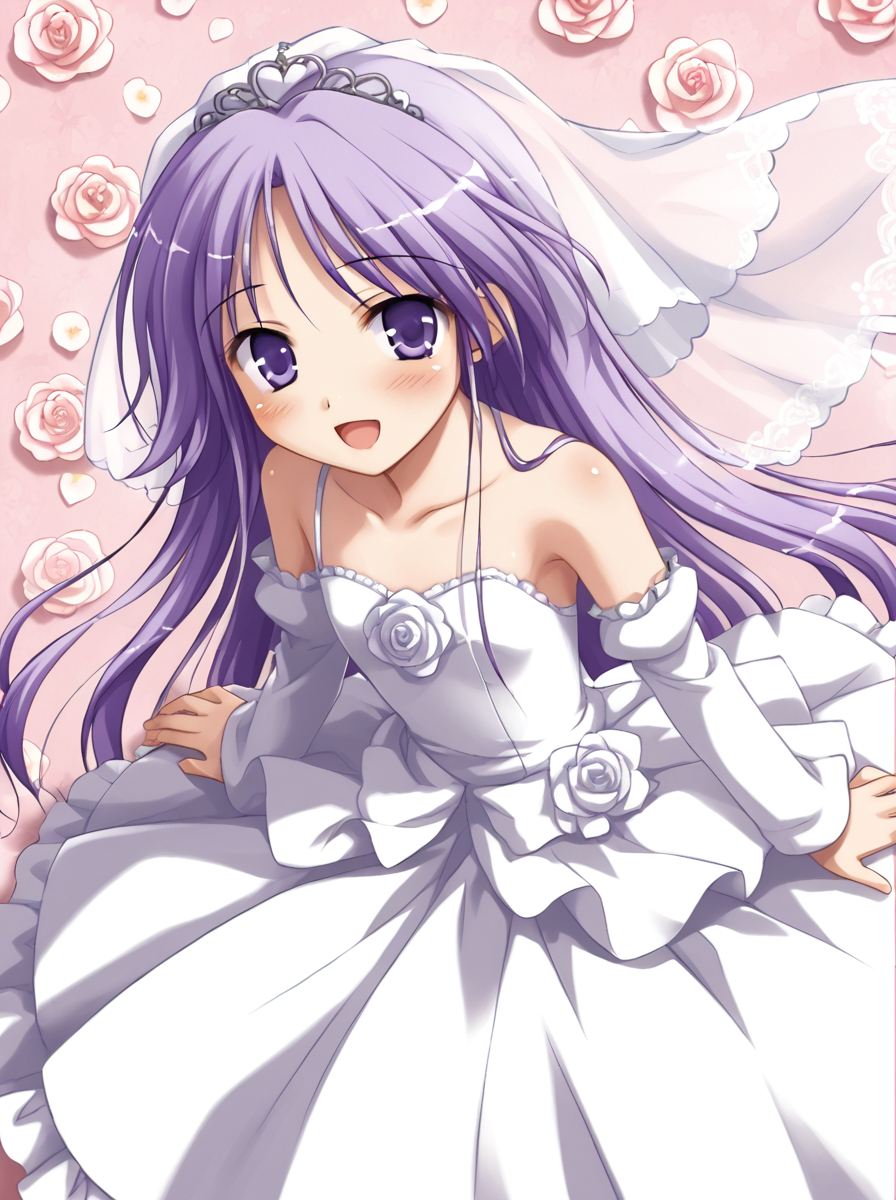 detailed background, shiny skin, posing, rating safe, 
<lora:watajun.pony:1>,
watajun, 
wedding dress, detached sleeves, frill, lace, happy, looking at viewer, high angle,