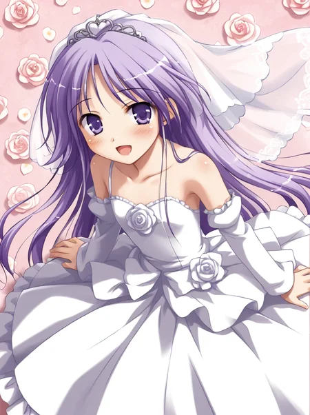 detailed background, shiny skin, posing, rating safe, 
<lora:watajun.pony:1>,
watajun, 
wedding dress, detached sleeves, frill, lace, happy, looking at viewer, high angle,
