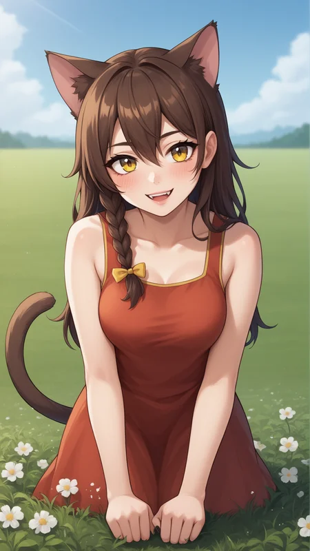 score_9, score_8_up, score_7_up, BREAK source_anime, best quality, masterpiece, ultra detailed,
<lora:Everlasting_Summer_Yulya_by_GraffMetal:0.7>, yulya, brown hair, yellow eyes, cat pupils, long hair, braid, side braid, hair between eyes, single braid, bow, animal ears, cat ears, tail, cat tail, cat girl, medium breasts, 1girl, solo
lsmile, blush, fangs, :D
black eyeliner cat eye, pink lips, black nails,
red dress, cute,
amazing background, looking at the viewer, flowers field, nature background , close, bokeh,
