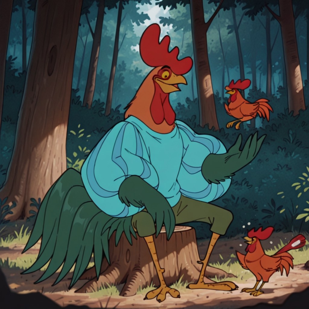 ((masterpiece, best quality, amazing quality,)) Alan-A-DaleRHil, semi-anthro, male, rooster, red comb, bird, green feathers, orange neck feathers, yellow sclera, black eyes, winged arms, blue striped shirt, puffy sleeves, green pants, green tail, sitting, on tree stump, in a forest, juggling chickens