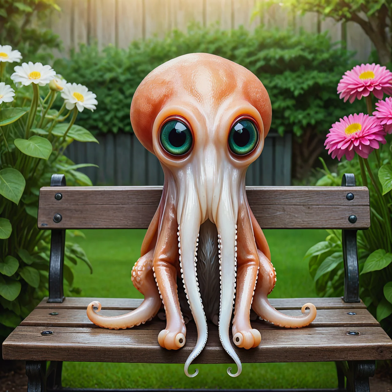 Cute. Squid face. A cat perched on a bench in the garden.
<lora:SquidFace02_CE_XL_300-OT:0.5> sqdfceCE_style