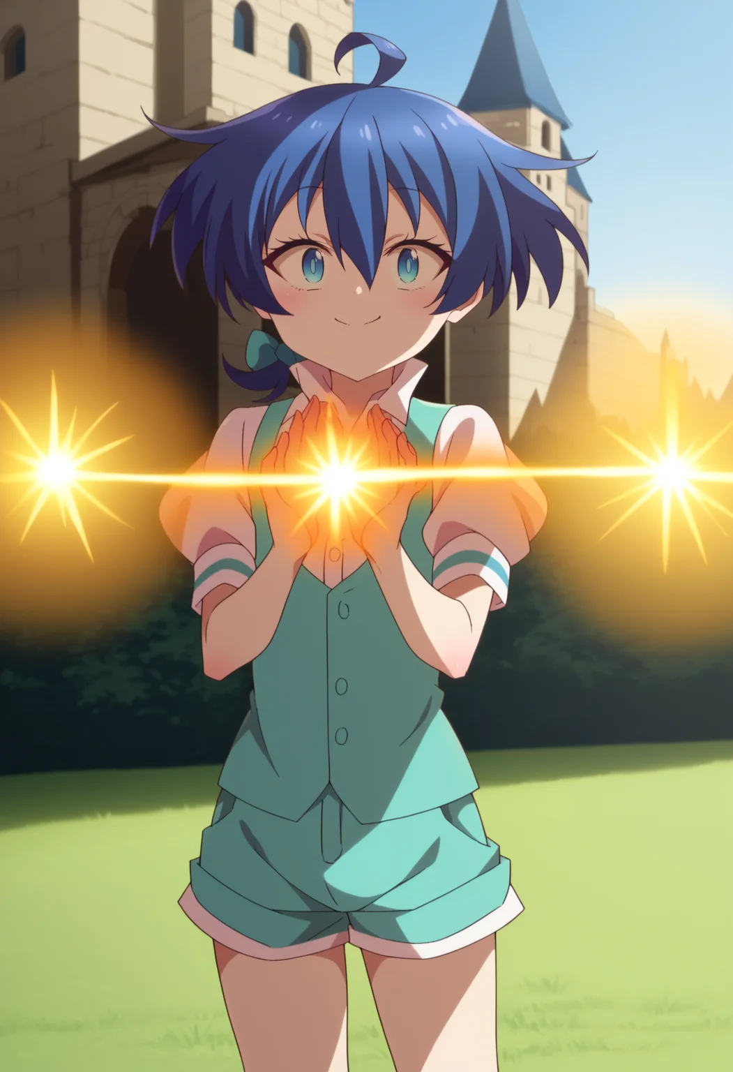score_9, score_8_up, score_7_up, source_anime BREAK cowboy shot, looking at viewer, solo, 1girl,
<lora:LloydDwnstyPdxl:1>, lloyd_def, blue eyes, blue hair, short hair, low ponytail, hair between eyes, hair bow, shorts, puffy short sleeves, ahoge, collared shirt, vest,
evil smile, hands up, magic, aura, energy barrier,
outdoors, grass, blue sky, castle, confused, sunlight, cinematic lightning,
<lora:7thPrinzIsekaiDwnstyArtstyle:1>,
