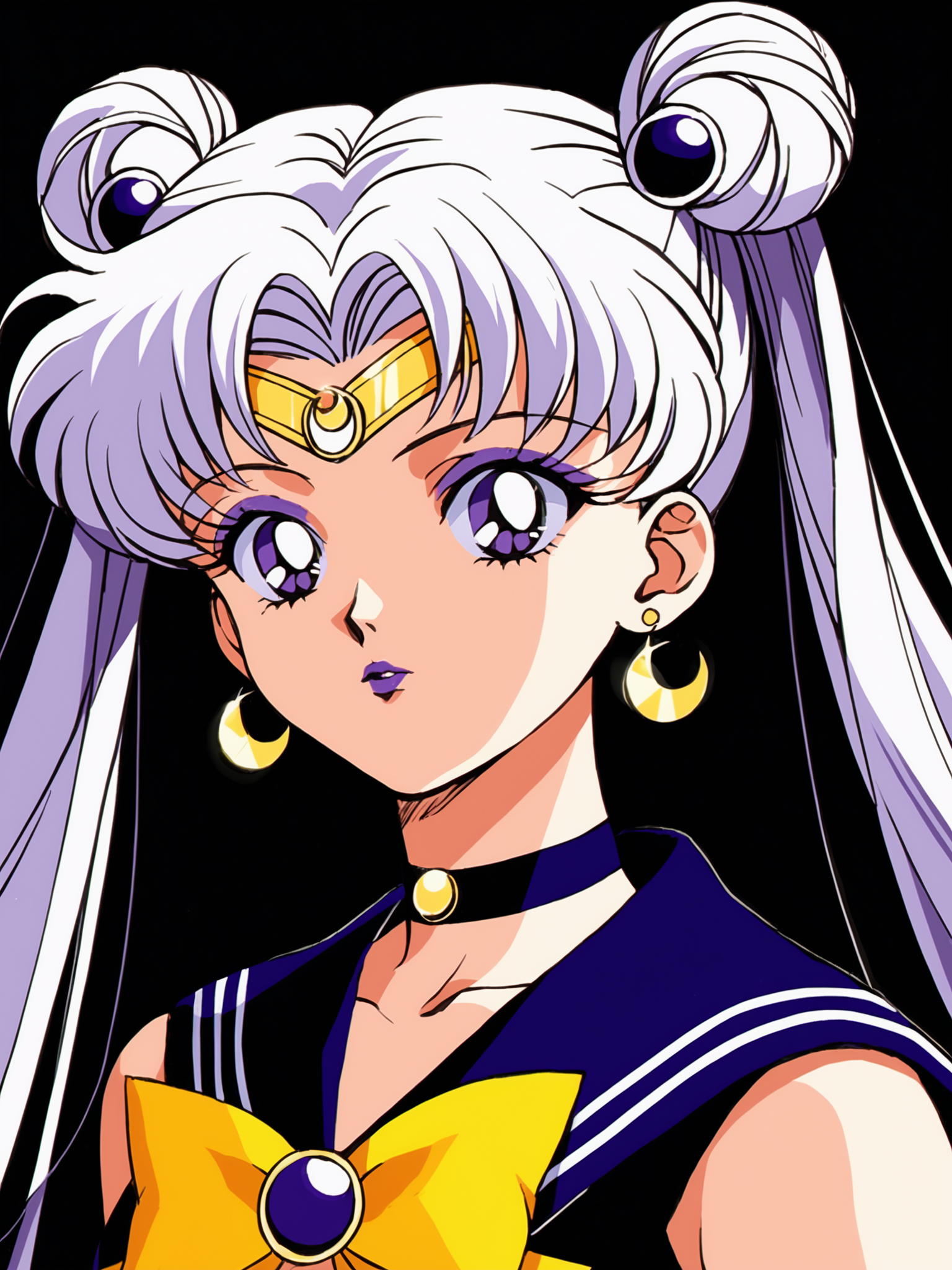 1990s (style), anime coloring, sm90s, 1girl,  solo,  long hair,  looking at viewer,  bangs,  shirt,  hair ornament,  bow,  twintails,  jewelry,  purple eyes,  upper body,  white hair,  earrings,  parted lips,  sleeveless,  choker,  bowtie,  sailor collar,  hair bun,  from side,  parted bangs,  black shirt,  eyelashes,  sleeveless shirt,  double bun,  makeup,  lipstick,  crescent,  black background,  tassel,  yellow bow,  eyeshadow,  circlet,  forehead mark,  alternate eye color,  alternate hair color,  star earrings,  dark persona,  sailor senshi uniform,  purple lips,  crescent earrings,  crescent facial mark,  indoors, retro art style, retro anime, BREAK PonyXLV6_Scores , <lora:SM90sPDXL_r1:0.8>