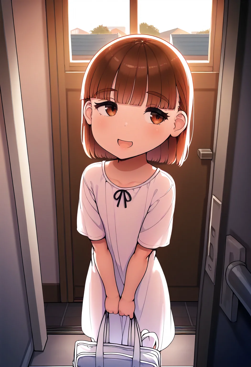 masterpiece, best quality, amazing quality, very aesthetic, absurdres, newest, scenery, volumetric lighting, perfect eyes, ultra detailed,
1girl, child, slender, straight bangs, brown hair, brown eyes, eyebrows,
white dress, tiny ribbon,
smile, standing, open mouth, holding bag, hands in front,
indoors, house entrance, window, daytime, daylight,
<lora:Abubu_-_Style_LoRA__Illustrious:1.5>
masterpiece, best quality, amazing quality, very aesthetic, absurdres, newest, scenery, volumetric lighting, perfect eyes, ultra detailed,