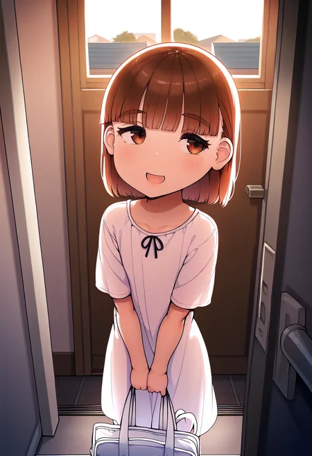 masterpiece, best quality, amazing quality, very aesthetic, absurdres, newest, scenery, volumetric lighting, perfect eyes, ultra detailed,
1girl, child, slender, straight bangs, brown hair, brown eyes, eyebrows,
white dress, tiny ribbon, 
smile, standing, open mouth, holding bag, hands in front,
indoors, house entrance, window, daytime, daylight,
<lora:Abubu_-_Style_LoRA__Illustrious:1.5>
masterpiece, best quality, amazing quality, very aesthetic, absurdres, newest, scenery, volumetric lighting, perfect eyes, ultra detailed,