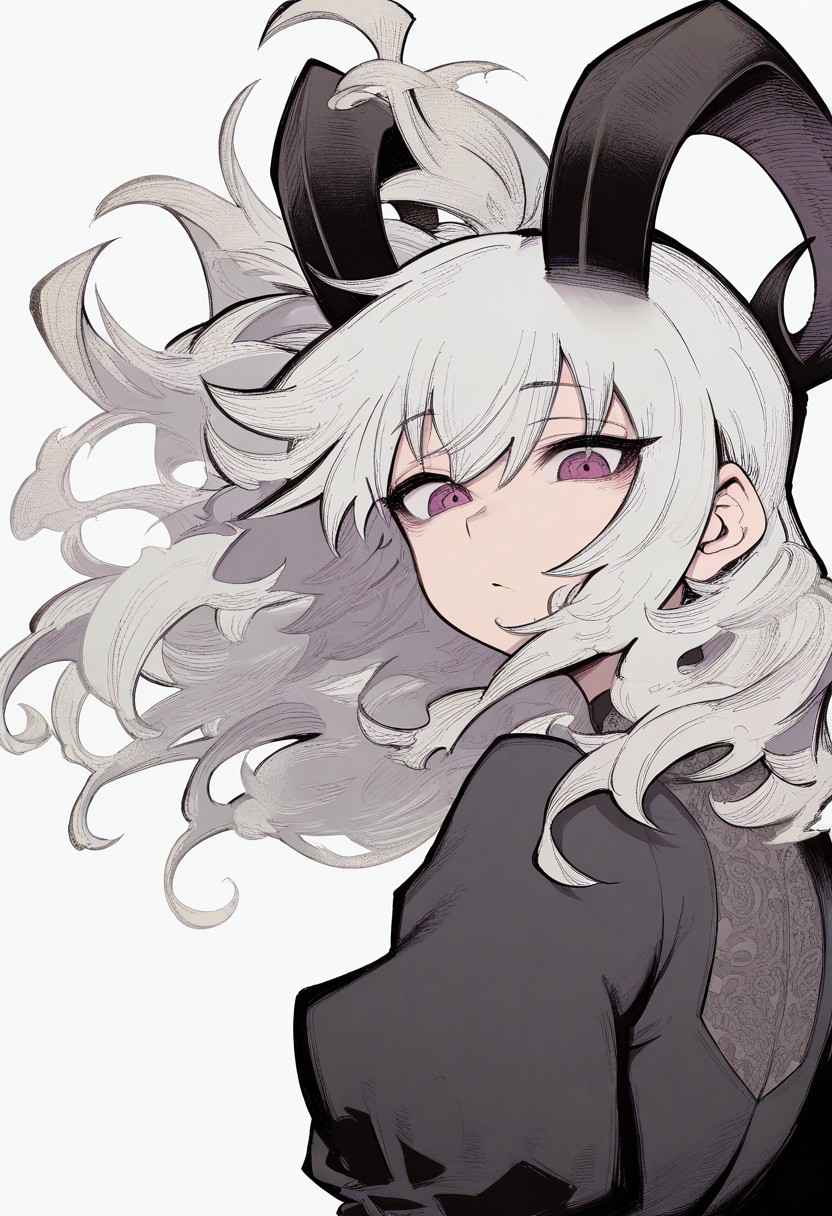 masterpiece, best quality, very aesthetic, high resolution, ultra-detailed, absurdres, newest, extremely detailed eyes, beautiful, perfect lighting, hi res, amazing quality, very awa, Brightly Lit, Highly Visible, 8k, sharp focus, beautiful, perfect lighting, volumetric lighting, scenery, painting_(artwork), INKTA_ST, (masterpiece, perfectly detailed, detailed face, detailed eyes, beautiful eyes), (Masterpiece, Best Quality, Hires:1.4), Detailed, Intricate Details, 4K, 1girl, solo, from behind, black dress, puffy sleeves, juliet sleeves, short white hair, curly hair, messy hair, floating hair, horns, dragon horns, black horns, jewelry,INKTA_ST