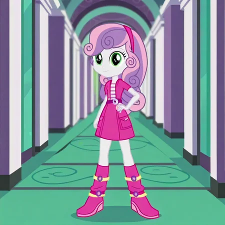 score_9, score_8_up, score_7_up, source_anime, prefect lighting, very aesthetic, intricate details, highly detailed background, high quality, perfect hands, best quality, 1girl, solo, my little pony, equestria girls, sweetie belle, female child, white skin, green eyes, two-tone hair,long curly hair, pink hair, lilac hair, magenta headband, bright pink short-sleeved jacket, striped shirt, magenta belt, neon yellow frilly skirt, lilac socks, bright pink boots, school hallway, standing, hand on hip, looking at viewer,