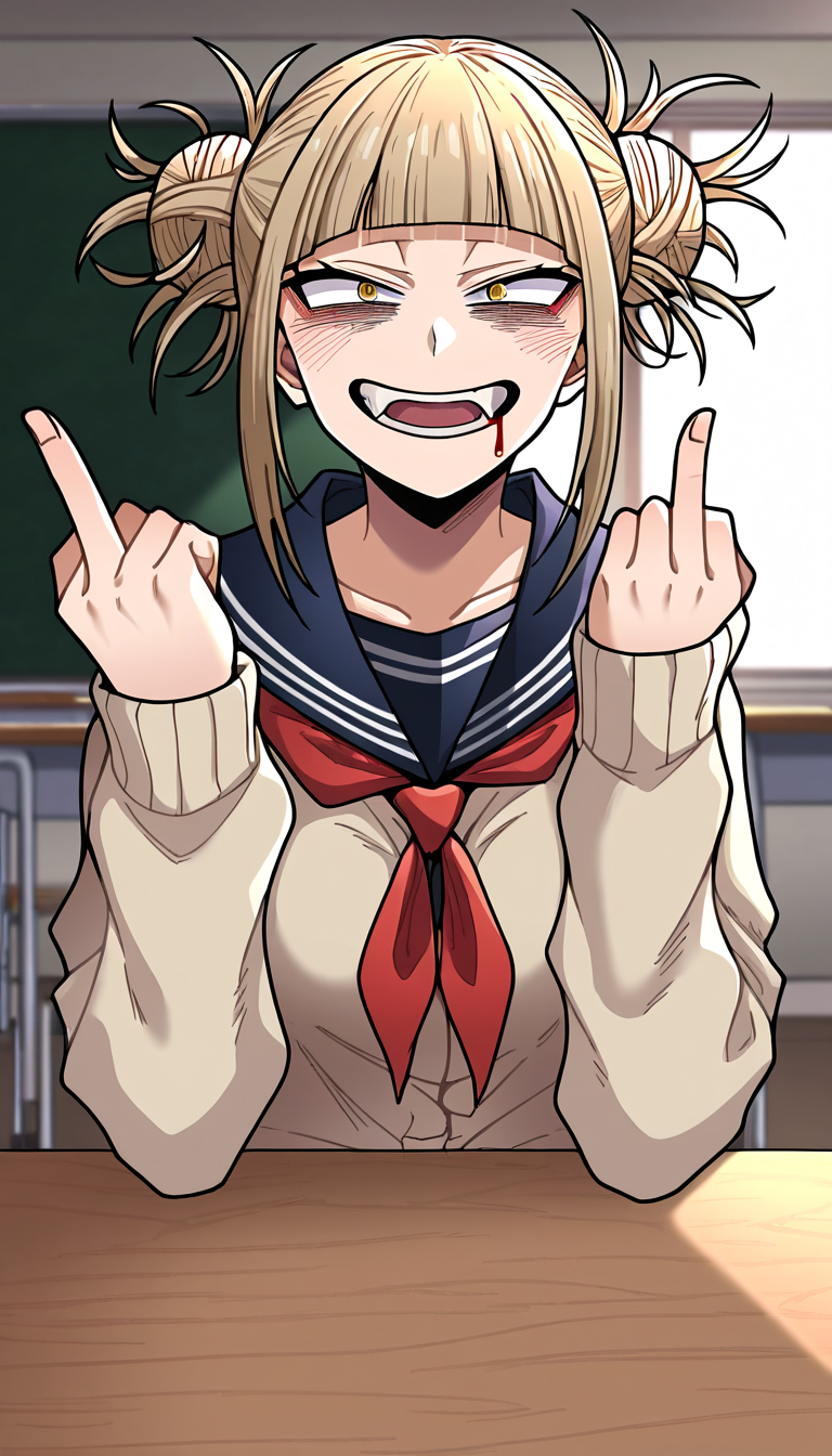 score_9, score_8_up, score_7_up, source_anime, rating_questionable, 1girl, togahimiko, middle finger, blood on face, school uniform, serafuku, indoors, classroom, window, wide smile, fangs, yandere, clenched hands, 
high detail, digital art, anime style, best quality, absurd res, <lora:toga-xl-1:1>