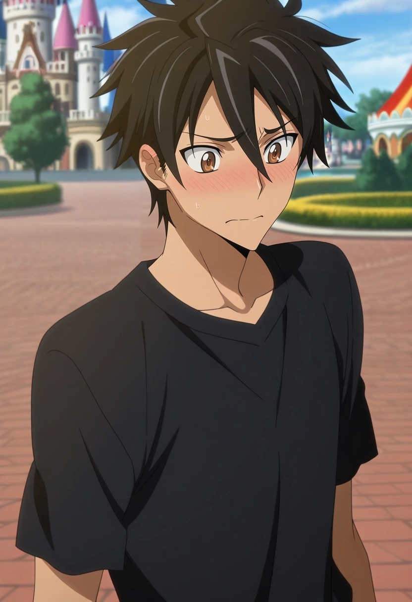masterpiece, best quality, , anime screencap, anime coloring, official style, , 1boy, solo, male focus, <lora:takashi_komuro_ilxl:0.94>, takashi_komuro, black hair, brown eyes, short hair, hair between eyes, asymmetrical, disneyland, noon, arms at sides, embarrassed, nose blush,