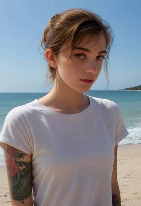 andrea, 1girl, solo, rating_safe, beach, upper body, t shirt, jeans, arm tattoo, freckles