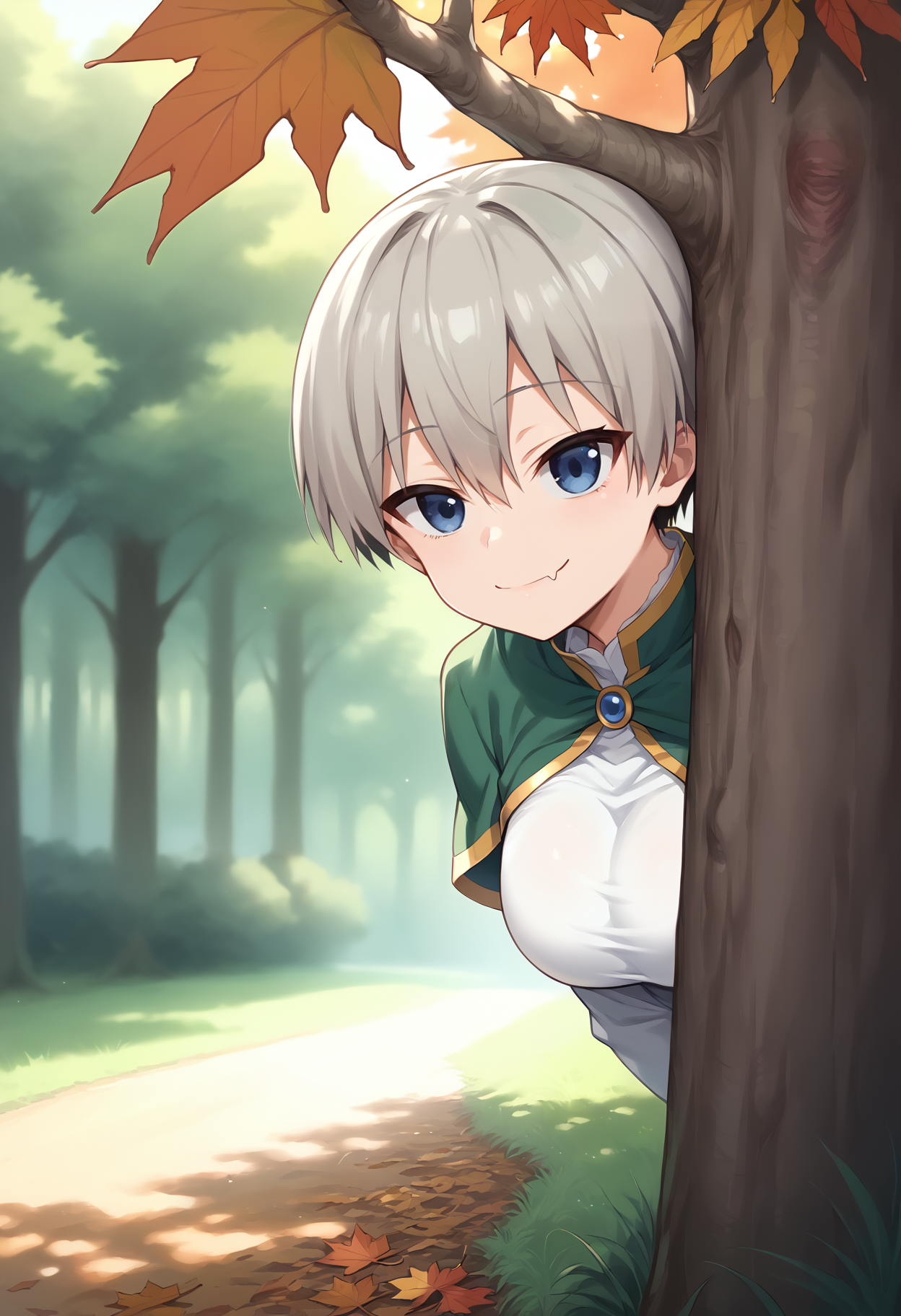 score_9, score_8_up, score_7_up, source_anime, 1girl, solo, looking at viewer, uzaki hana, grey hair, short hair, hair between eyes, bangs, skin fang, large breasts, (konosuba:0.85), (satou kazuma:0.85), outdoors, forest, nature, tree, autumn, autumn leaves, peeking out, upper body, blue eyes, green capelet, white shirt, long sleeves, grass, flower, behind tree, light smile, closed mouth