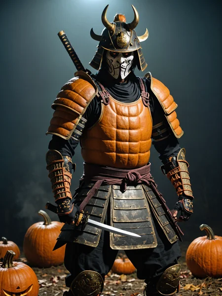 (wide angle photography:1.2), (whole body:1.5), shot, (full body photo:1.1), realistic analog photo, night time, midnight, dark, darkness, ghost vibes,
zombi samurai in the armor, zombi face with decaying skin, (dark shot:1.17), epic realistic, faded, ((neutral colors)), art, (hdr:1.5), (muted colors:1.2), hyperdetailed, (artstation:1.5), cinematic, warm lights, dramatic light, (intricate details:1.1), complex background, (rutkowski:0.8), (teal and orange:0.4),((full body:1.9)), by Blizzard entertainment, (massive armor) with pumpkin symbols on plates, big armor, (large samurai armor:1.9), wearing pumpkin samurai helmet, low light, facing camera, big muscles, muscled body, badass, badass style, steam punk, lot of details, detailed armor, large shoulders, large arms, large, limbs, half side portrait, ((dark background)), (night time), dark shadow, katana on his back, yoroi armor, pumpkins in background, halloween
, (mysterious atmosphere:1.1), (low luminosity:1.2), in the dark, obscurity, (mist:1.3),
, realistic, depth of field, highres, 4k, 8k, intricate detail, amazing quality, wallpaper, <lora:RMSDXL_Enhance:1>, <lora:perfect-eyes:0.8>, realistic skin texture, detailed skin pores, skin hair, skin looks real, hi rez skin details