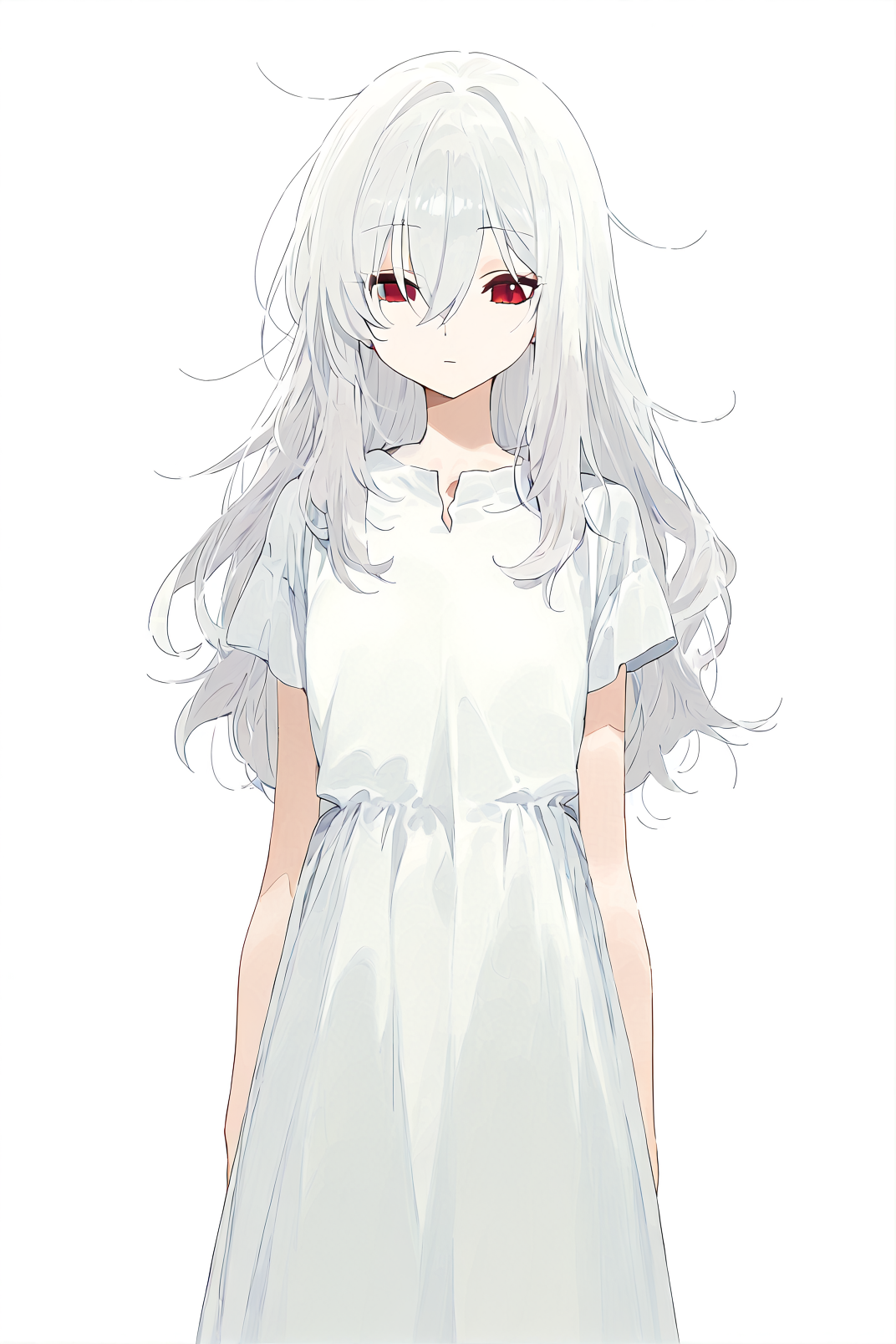 1girl, nai3-style1, solo, white hair, long hair, messy hair, red eyes, hair between eyes, expressionless, closed mouth, white dress, long dress, short sleeves, standing, peace sign, cowboy shot, simple background, white background, sensitive, masterpiece, best quality, good quality, newest <lora:artstyle-nai3-style1_illustrious01-GLAZED:0.9>
