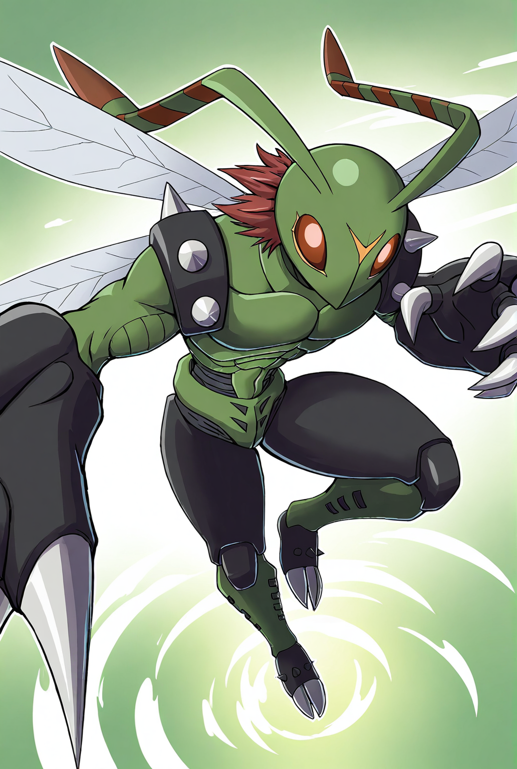 very awe,aesthetically pleasing,masterpiece,best quality,amazing quality,very aesthetic,ultra-detailed,high resolution,8k,1boy,solo,full body,male focus,detailed face,digimon,insect wings,no humans,wings,(creature),claws,spikes,antennae,red eyes,armor,fighting stance,perspective,flying,<lora:Stingmon:0.8>,stingm0n,digimon \(creature\),