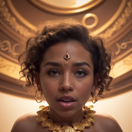 V3rh03v3n:2 gold pale man with teeth and detailed close up face focus photo with a ((glowing strange comb shaped bindi and gold hoop earrings)) and arms and arms and arms and arms, with collar and a chain around her neck and a chain, with a triangle behind her and glowing eyes, simple black background with fog and cinematic lighting BigHeadMode:0.67 with saggy tits and transparent liquid splash in the background pffpffpff:0.6
