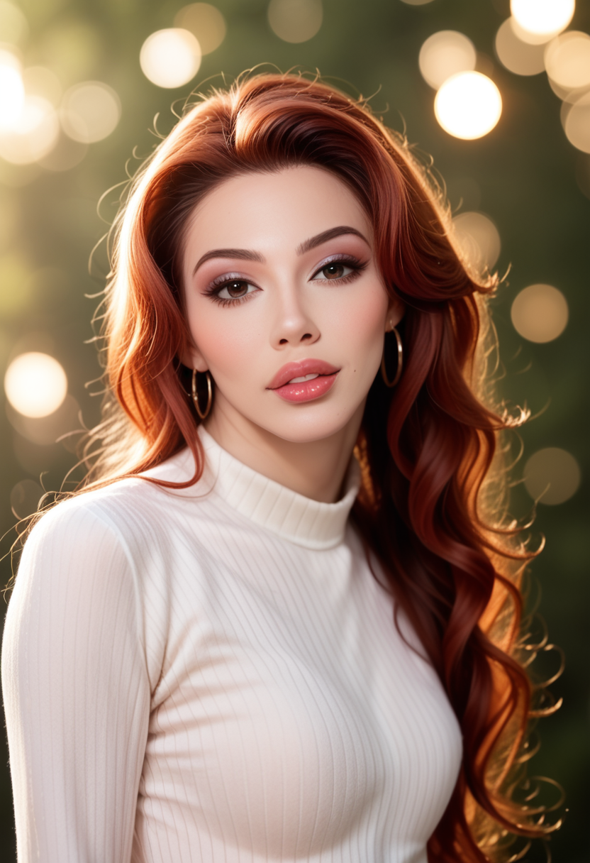score_9, score_8_up, score_7_up, ArielD3mure, Ariel Demure,  <lora:ArielD3mure_r2-pony:1> 1girl, skin pores, 8k, skin texture, details, makeup, big lips, long hair, long sleeve shirt, (lipstick), parted lips, teeth, portrait, solo, looking at viewer, bokeh, focus, film, velvia, artistic, best quality, photograph, focus