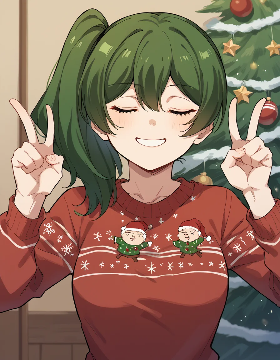 score_9, score_8_up, score_7_up, source_anime, <lora:mage-ubel-ponyxl-lora-nochekaiser:1> ubel, medium hair, green hair, side ponytail, medium breasts, <lora:christmas-sweater-ponyxl-lora-nochekaiser:1>, christmas sweater, christmas, ugly sweater, print sweater, red sweater, christmas tree, christmas ornaments, sweater, multicolored sweater, , v, smile, hands up, teeth, closed eyes, cowboy shot,
