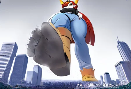 score_9, 1girl, solo, hekapoo, white skin, red hair, very long hair, hair over one eye, horns, tiara, small fire, pointy ears, black shirt, short sleeves, cleavage, jeans, belt, boots, curvy hyper proportions, thick thighs, mad, full body, sweat, (high quality, high res, 4k, best anatomy:1.9), giantess, facing viewer, under foot pov, walking, hyper hips, from below, city underneath foot, <lora:TeradaOchiko1:1>.