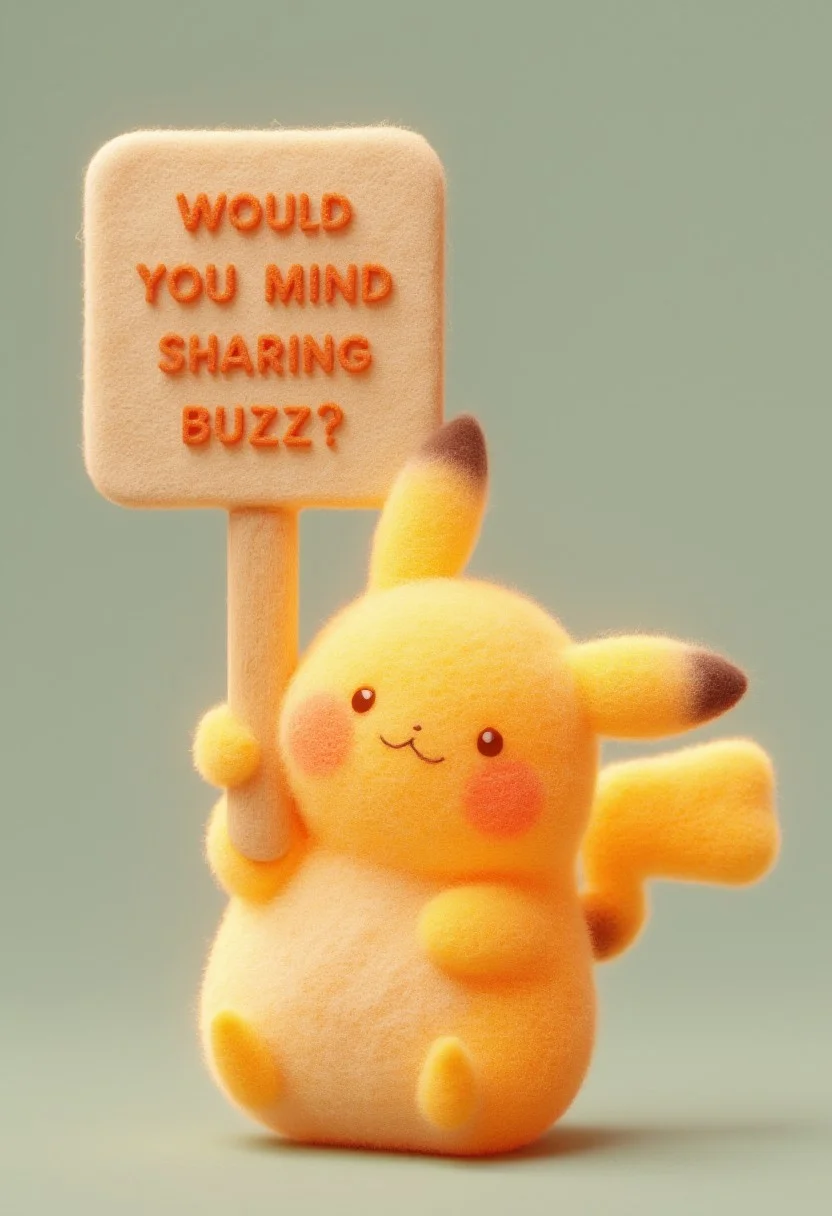 Suchwoolfelt, Chubby Pikachu holding a Big sign post with big text "Would you mind sharing Buzz?"