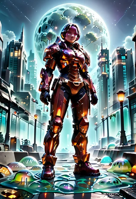 {{ (  score_9, score_8_up, score_7_up, score_6_up, Masterpiece, Highly Detailed, 8k, Volumetric Lighting, Shadows, Proper Lighting Effects, Full body Shot, Focus On Girl, sl1m3d, slime-morph ) }}
{{ Detailed Background ( Urban Landscape, Tall Buildings, Skyscraper, Nighttime, Full Moon, Stars, Sparse Clouds ) }}
1girl solo ( Age 22, 150cm tall, shoulder length hair, pink eyes, 34C-24-34 measurements, futuristic armor, holding a blaster ) on a rooftop overlooking the city