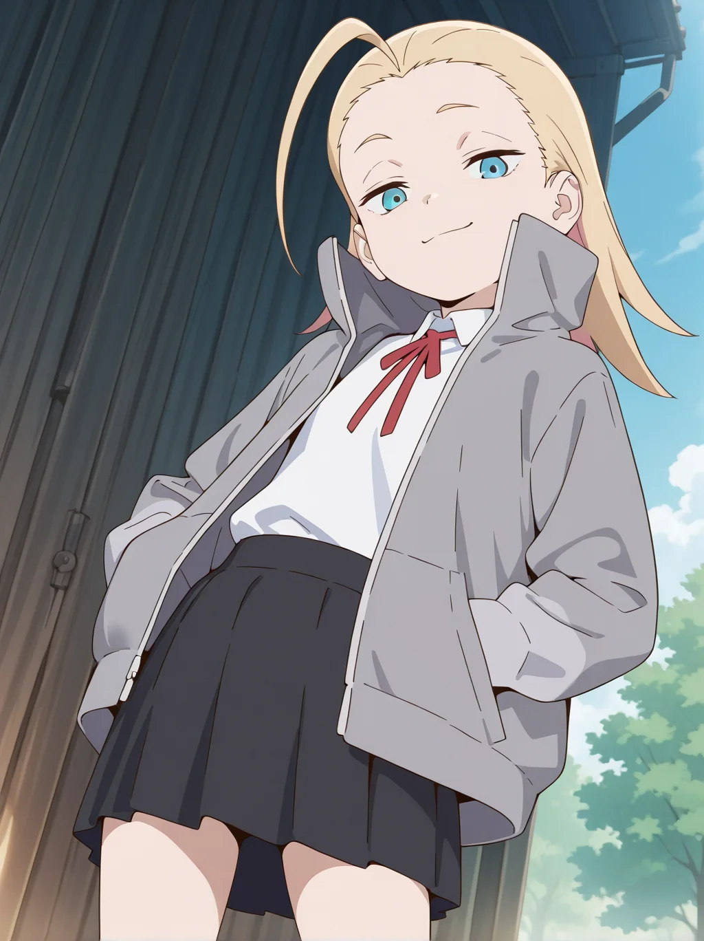 (masterpiece:1.4), (best quality:1.4), very aesthetic, newest,best quality, amazing quality, very aesthetic, absurdres,
1girl,jobko, blue eyes, blonde hair, long hair, forehead,antenna hair,medium hair,
, jacket, black skirt,miniskirt, grey jacket, open jacket,long sleeves, high collar,
white shirt,neck ribbon,red ribbon
, eyebrows, <lora:jobko:1>
standing,outdoor,
looking at viewer,looking down,smug,smile
hands in pocket,