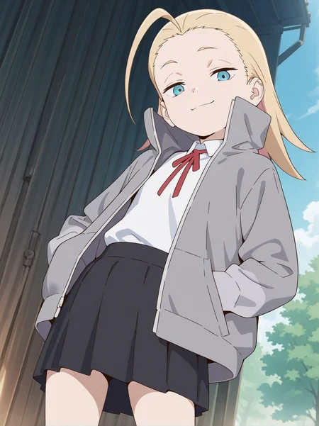 (masterpiece:1.4), (best quality:1.4),  very aesthetic, newest,best quality, amazing quality, very aesthetic, absurdres,
 1girl,jobko, blue eyes,  blonde hair,  long hair, forehead,antenna hair,medium hair, 
, jacket, black skirt,miniskirt, grey jacket, open jacket,long sleeves, high collar,
white shirt,neck ribbon,red ribbon
, eyebrows,  <lora:jobko:1>
standing,outdoor,
looking at viewer,looking down,smug,smile
hands in pocket,