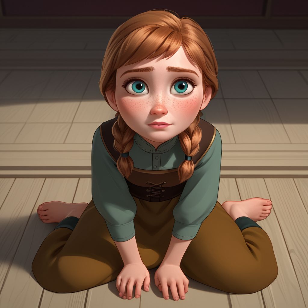 score_9, score_8_up, score_7_up, score_6_up, score_5_up, score_4_up, Anna, freckles, sitting on the floor, barefoot, looking up at viewer