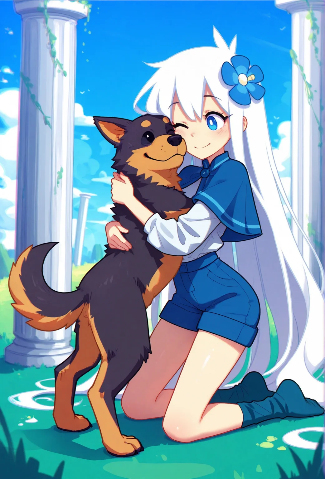 masterpiece,best quality,amazing quality, <lora:groovy_smooth_style_illustrious_v1f:1> groovysmoothstyle, (chromatic aberration:1.1), 1girl, very long hair, white hair, blue eyes, hair flower, smile, one eye closed BREAK
dog, wolf, animal hug, size difference, white shirt, blue capelet, blue shorts, blue grass, pillar, blue sky, kneeling, blue socks, pale skin