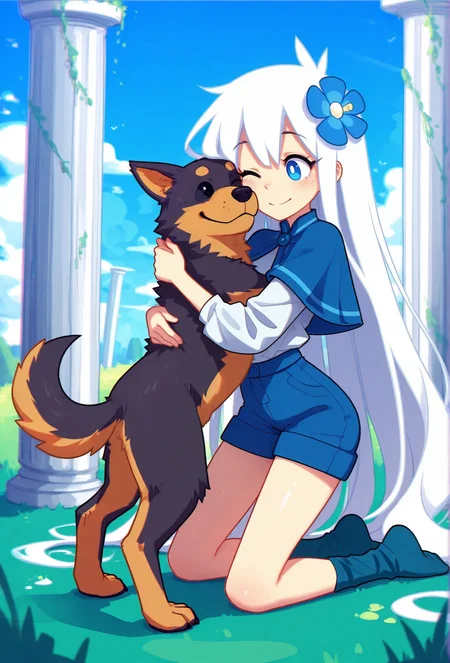 masterpiece,best quality,amazing quality, <lora:groovy_smooth_style_illustrious_v1f:1> groovysmoothstyle, (chromatic aberration:1.1), 1girl, very long hair, white hair, blue eyes, hair flower, smile, one eye closed BREAK
dog, wolf, animal hug, size difference, white shirt, blue capelet, blue shorts, blue grass, pillar, blue sky, kneeling, blue socks, pale skin
