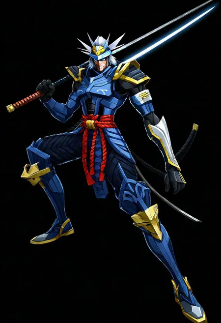 ncrender of a raiden from metal gear as a shogun,simple background,black background