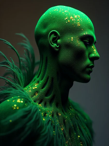 velvet_myst Malaysian man wearing a Hookers green exoskeleton <lora:Midjourney_Whisper_Chromaplex_Velvet_Myst_v01:0.75>