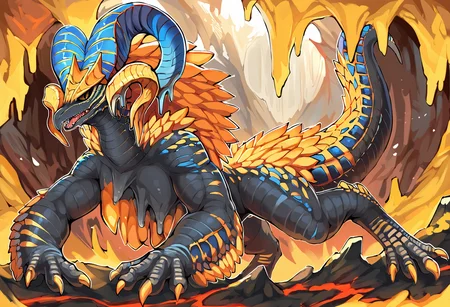 <lora:MH_KulveTaroth_a1_3_PonyXL_spnckpt1_th-1.4>,<lora:PDXL_artist_tags_v2_big>,score_9,score_8_up,score_7_up,kulve taroth,feral,by zackary911,by syuro,by hanuvo,solo,hi res,detailed background,cave,
looking at viewer,yellow eyes,black sclera,slit pupils,side view,(lava:0.6),full-length portrait,blue horns,