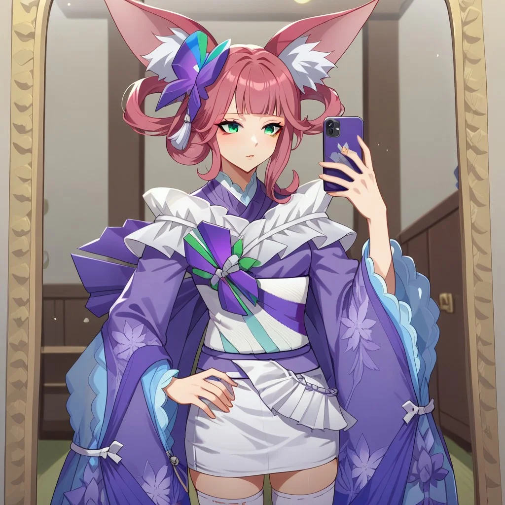 Expressiveh,1girl,lilikmn, green eyes, pink hair, long hair, blunt bangs, fox ears, animal ear fluff, hair rings, hair ornament, japanese clothes, purple kimono, wide sleeves, long sleeves, bow, sash, obi, floral print, white thighhighs, geta, mirror, room, holding phone, selfie, solo, hand on own hip, score_9, score_7_up,anime coloring ,source_anime, anime, anime screencap,