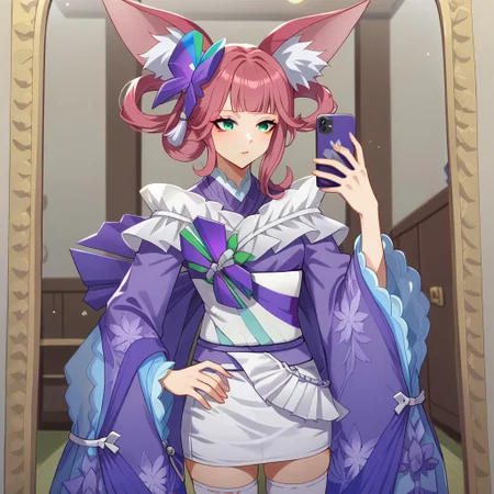 Expressiveh,1girl,lilikmn, green eyes, pink hair, long hair, blunt bangs, fox ears, animal ear fluff, hair rings, hair ornament, japanese clothes, purple kimono, wide sleeves, long sleeves, bow, sash, obi, floral print, white thighhighs, geta, mirror, room, holding phone, selfie, solo, hand on own hip, score_9, score_7_up,anime coloring ,source_anime, anime, anime screencap,