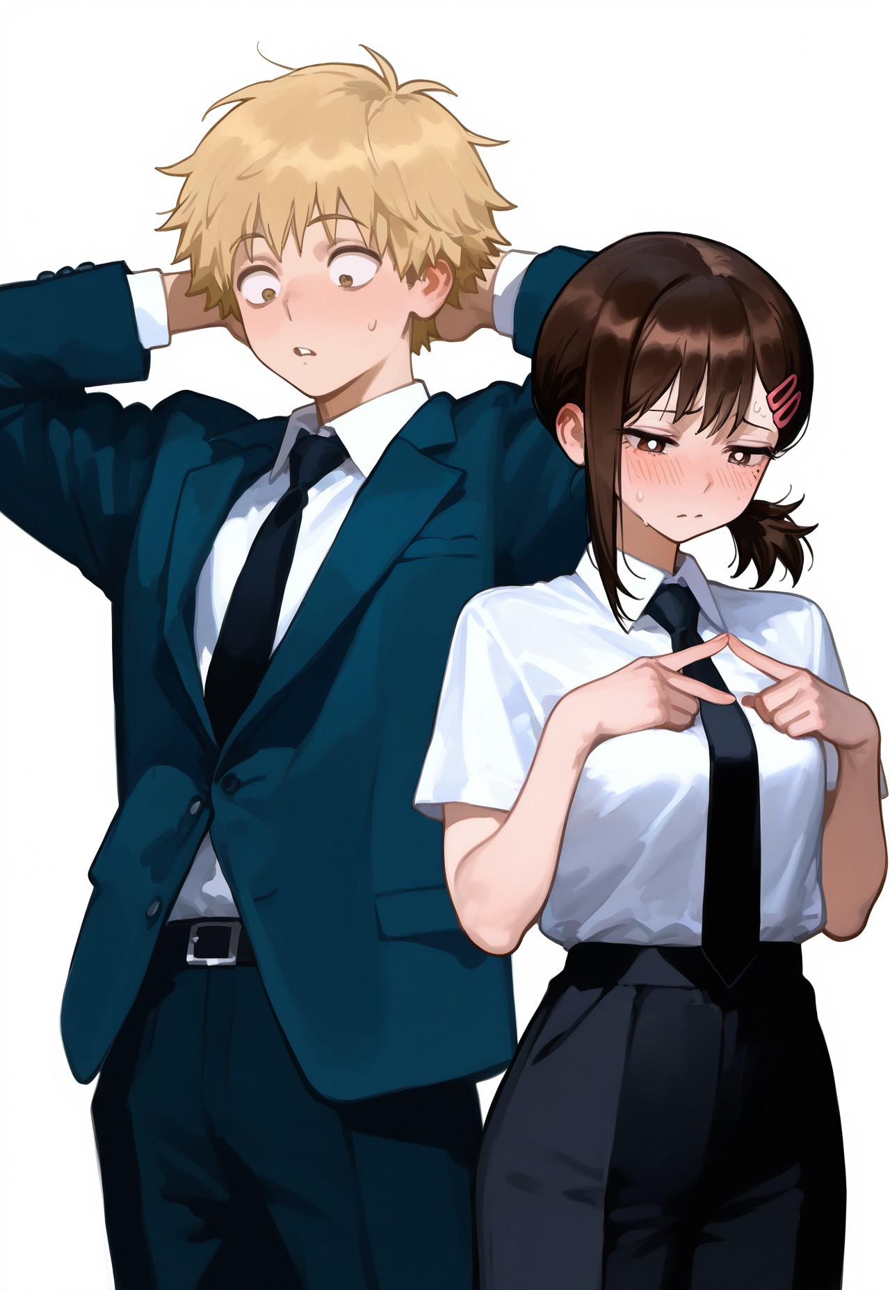 nyalia, 
1girl, 1boy, duo, standing side by side,
Higashiyama Kobeni, shy, shoulders raised, hands fidgeting, looking down, office suit, black tie,
Denji, arms behind head, pursed brows, confused, white button-up, short sleeves, no jacket, dirty blonde,
masterpiece, best quality, good quality, EyesHD,
<lora:best_of_ai_styles_noob-vpred-1.0_v1.337-edm2-pass-long-000002:1>