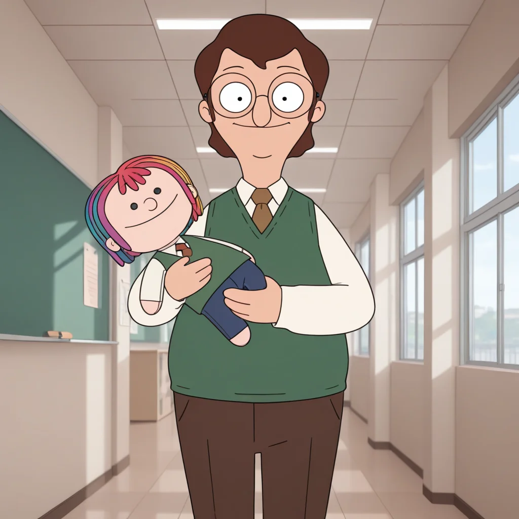 toon \(style\), ((masterpiece, colorful, amazing quality, best quality:1.2)), uhd, 3d, <lora:mrfrond-v5:0.75> bb-mfrond, male focus, (chubby:0.5), glasses, 1boy, school, green sweater vest, white shirt, necktie, brown pants, feet out of frame, holding doll, three quarter view, SMILE, (aged_up:0.5)