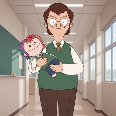 toon \(style\), ((masterpiece, colorful, amazing quality, best quality:1.2)), uhd, 3d, <lora:mrfrond-v5:0.75> bb-mfrond, male focus, (chubby:0.5), glasses, 1boy, school, green sweater vest, white shirt, necktie, brown pants, feet out of frame, holding doll, three quarter view, SMILE, (aged_up:0.5)