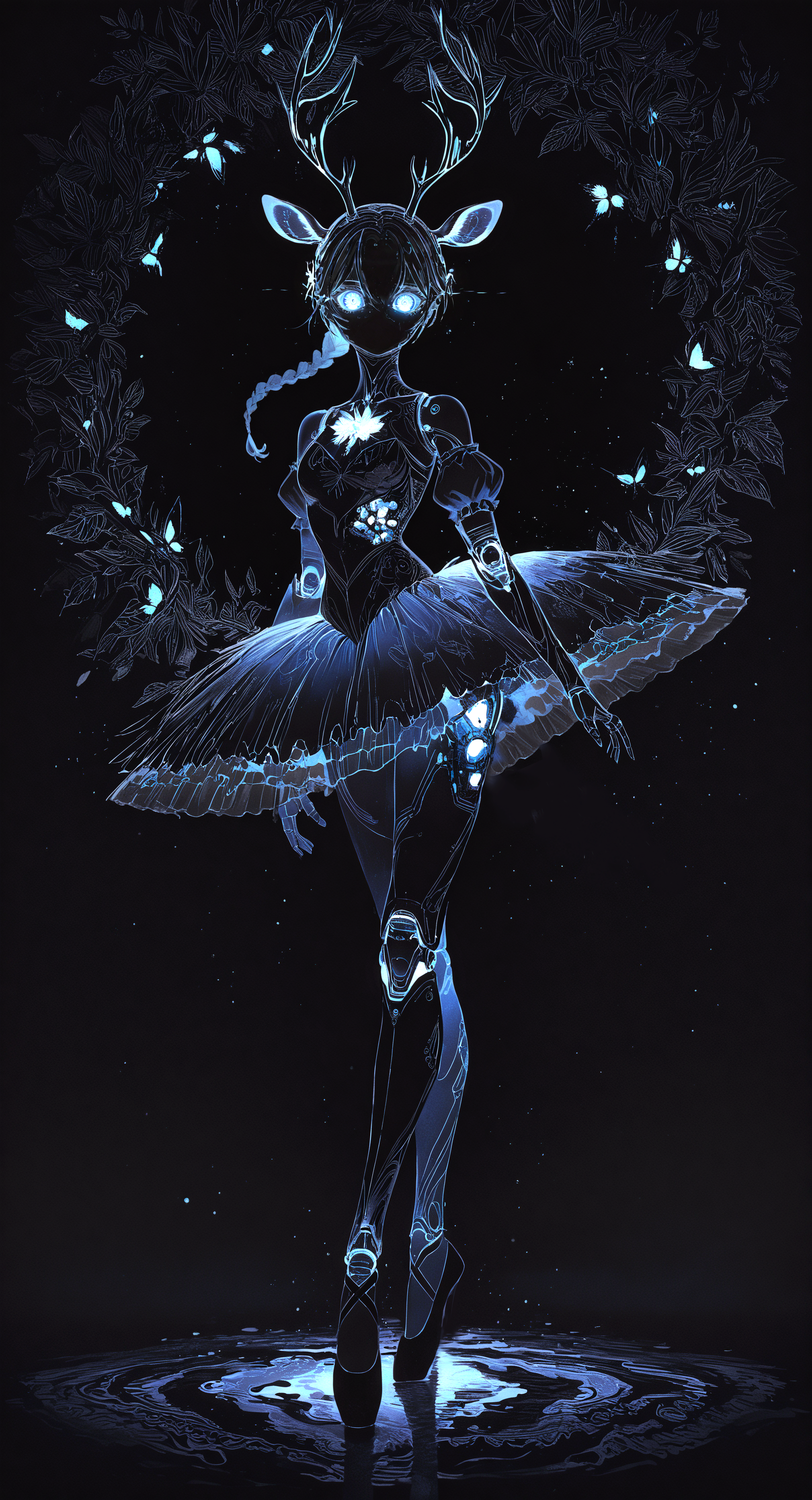 masterpiece, best quality, good quality, very awa, newest, highres, absurdres, 15546+456868,
1girl, solo, blue eyes, skirt, dress, animal ears, bare shoulders, standing, full body, braid, short sleeves, horns, detached sleeves, puffy sleeves, high heels, colored skin, glowing, leaf, bug, robot, light particles, glowing eyes, antlers, joints, no mouth, robot joints, mechanical parts, mechanical legs, deer ears, humanoid robot, ballerina, ballet slippers, robot girl, ballet, deer antlers, tutu, deer girl, looking at viewer, limited palette, sketch, glowing, psychedelic, black theme <lora:illustriousXL_stabilizer_v1.23:0.3> <lora:NOOB_vp1_detailer_by_volnovik_v1:0.3> <lora:ponyv6_noobE11_2_adamW-000017:0.3> <lora:114558v4df2fsdf5:1> <lora:mon_monmon2133:0.6>